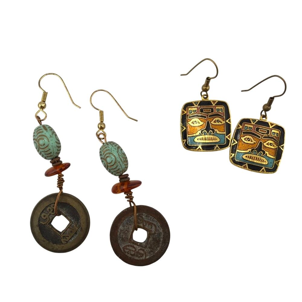 Vintage Lot of Two Pairs of Artisan Dangle Earrings Cloisonne & Chinese Coin